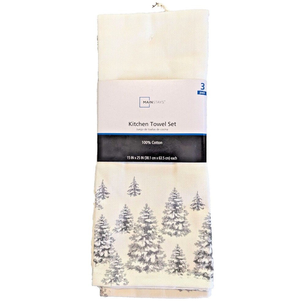 Green Trees Kitchen Towels 3-Pc Solid Striped 15 X 25-in Cream Gray Cotton NEW